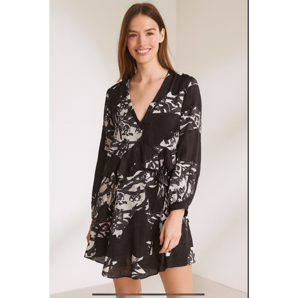 IRO PARIS ANDA PRINTED MINI DRESS RUFFLE WAIST LONG SLEEVE V NECK FEMININE 38-6 - Picture 1 of 11